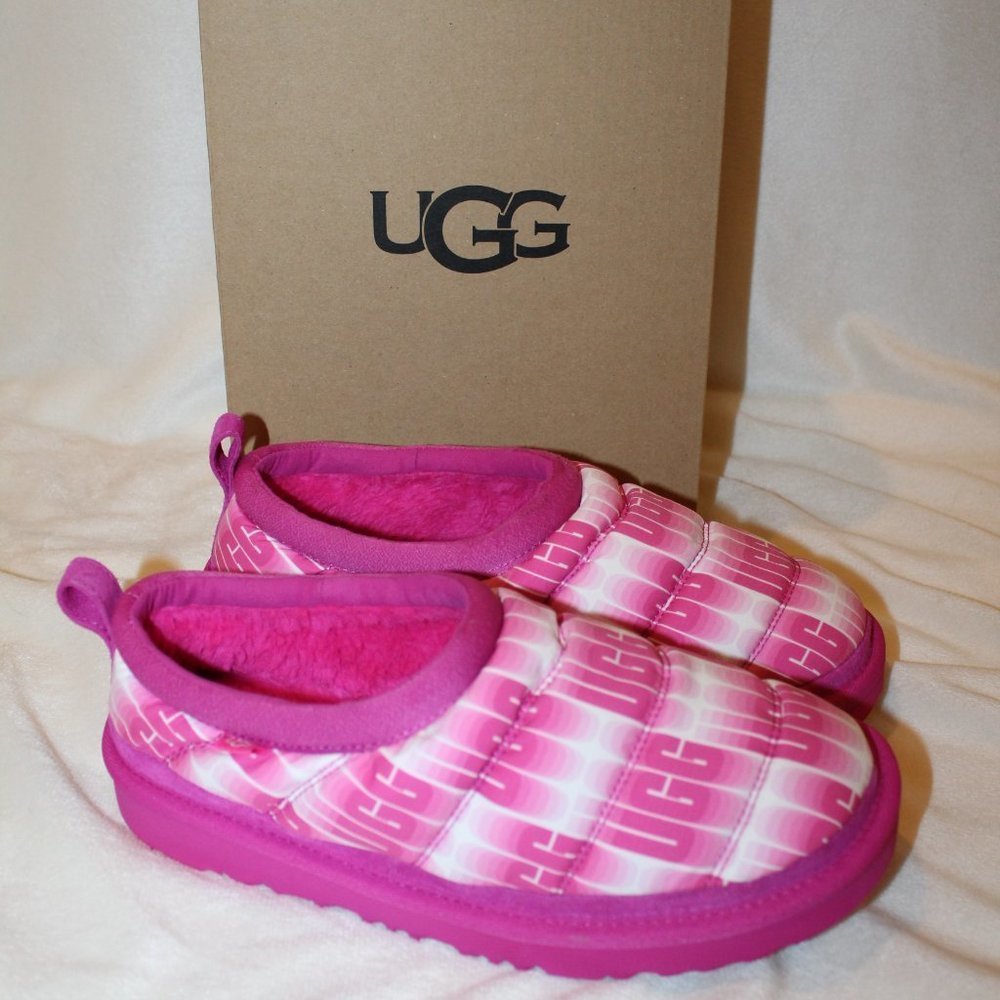NIB UGG YOUTH 6 WOMEN'S 7.5-8‎ TASMAN ALL OVER PRINT QUILTED SLIPPERS PINK WHITE